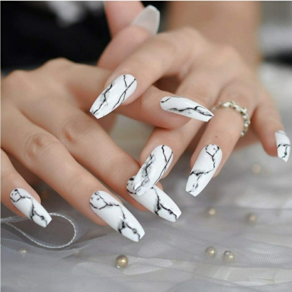 EXTRA LONG BLACK CRACKLE COFFIN 💅 NAILS PRESS ON